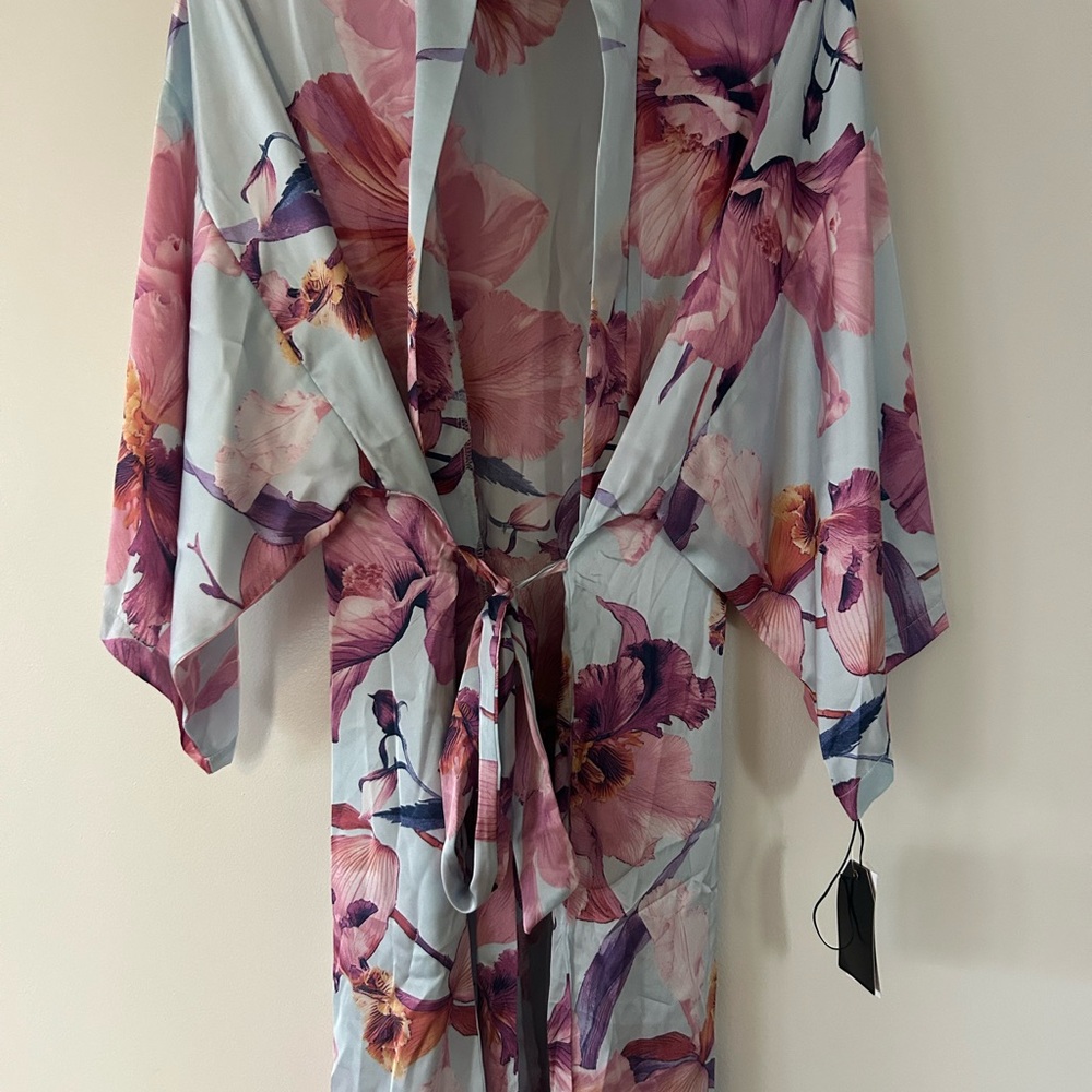Floral Satin Kimono Robe - Pink and Purple